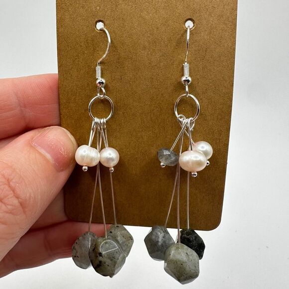 3" long faceted labradorite beads with freshwater pearls dangle earrings! - Picture 5 of 12